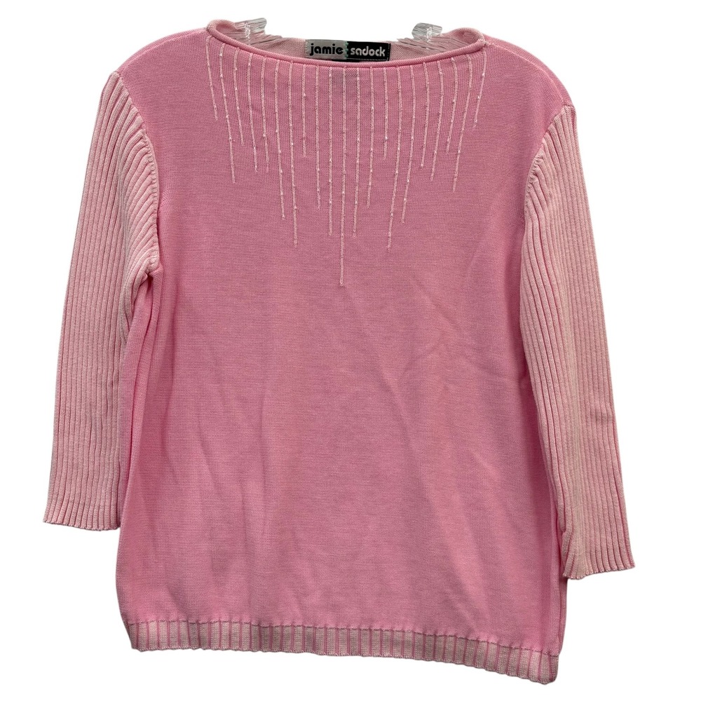 Jamie Sadock Women's Pink Knit Top‎ Beaded Ribbed Sleeve Sweater Pullover Size M